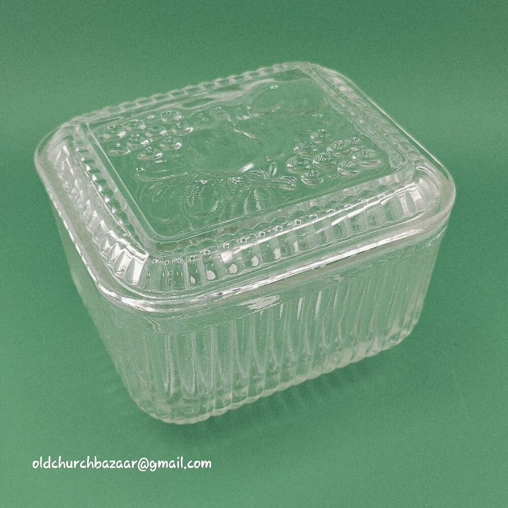 Vintage Ribbed Clear Glass Refrigerator Dish w/Lid and Fruit Accents